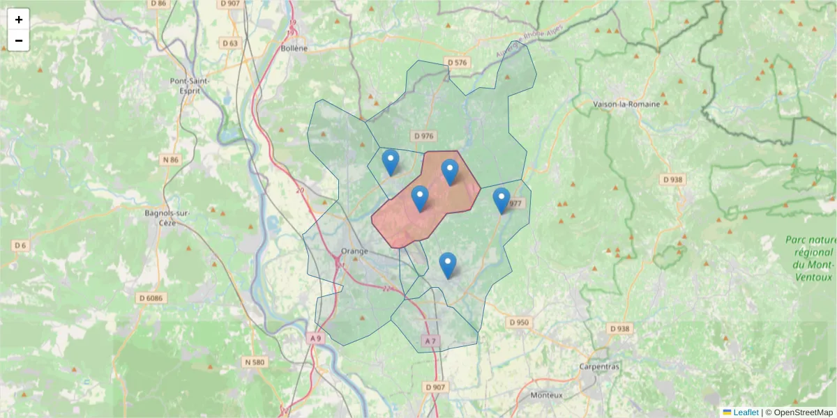 Carte de la zone du code postal  et des codes postaux voisins en France