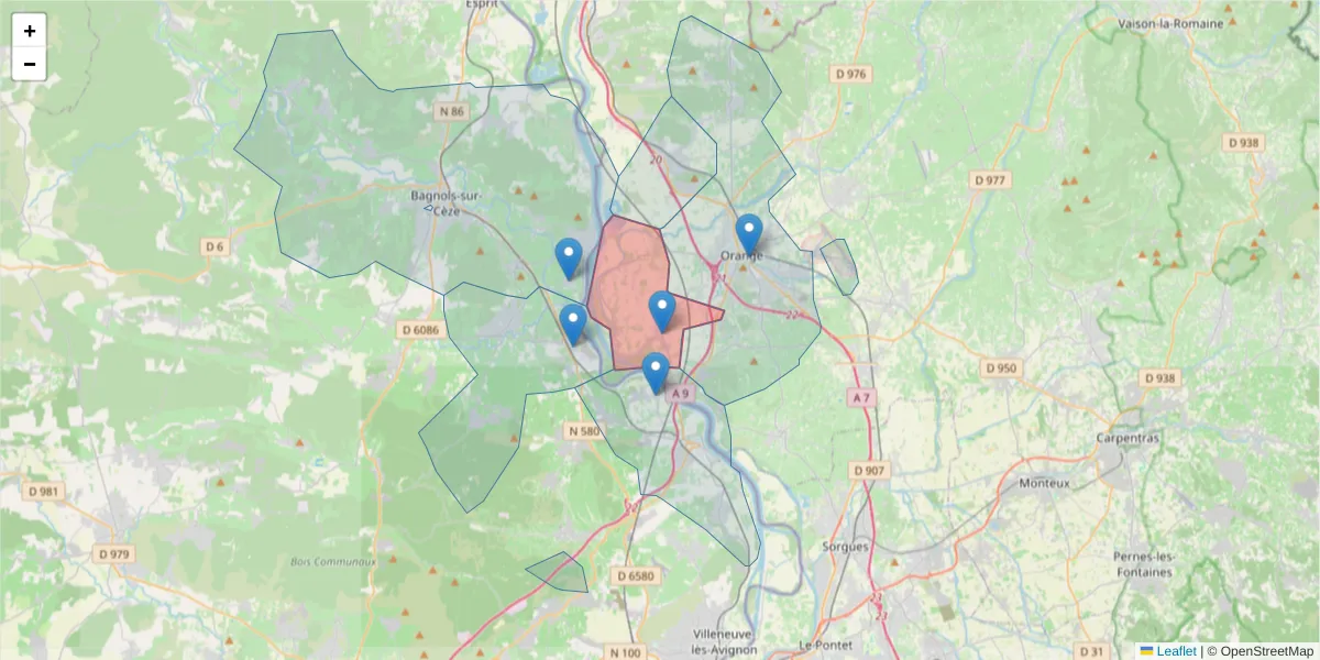 Carte de la zone du code postal  et des codes postaux voisins en France