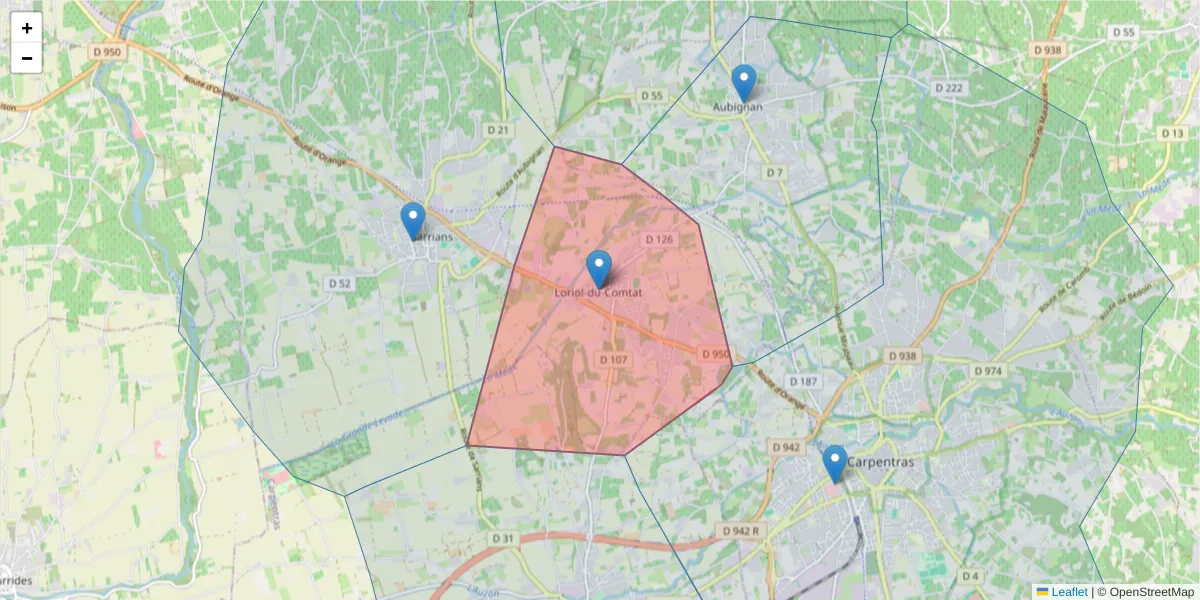 Carte de la zone du code postal  et des codes postaux voisins en France