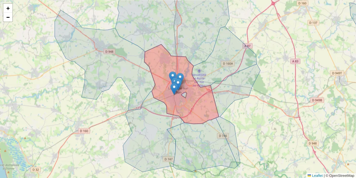 Carte de la zone du code postal  et des codes postaux voisins en France