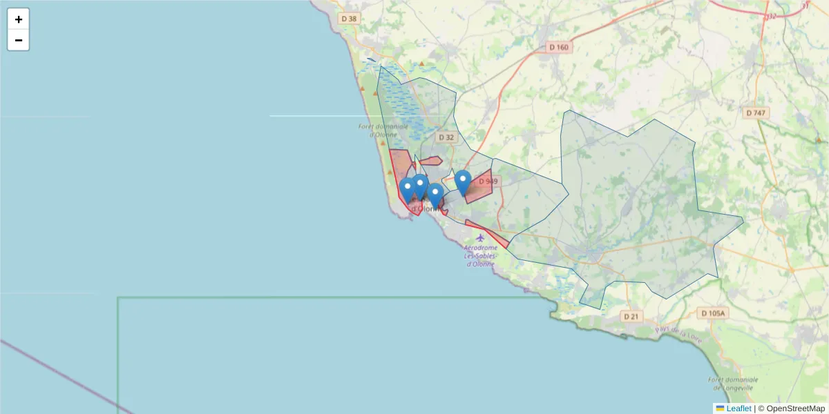 Carte de la zone du code postal  et des codes postaux voisins en France