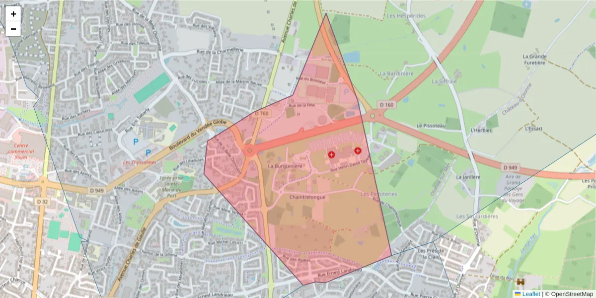 Carte de la zone du code postal  et des codes postaux voisins en France