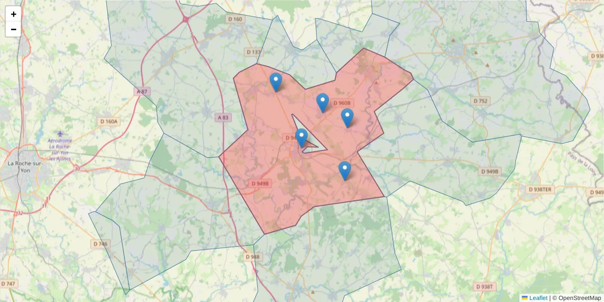 Carte de la zone du code postal  et des codes postaux voisins en France