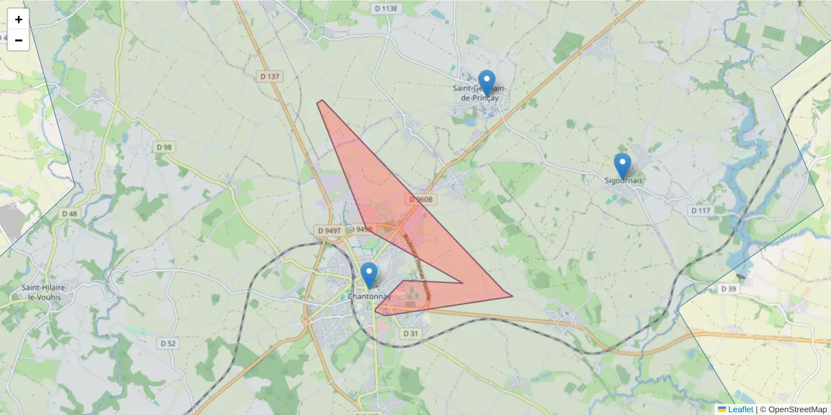 Carte de la zone du code postal  et des codes postaux voisins en France