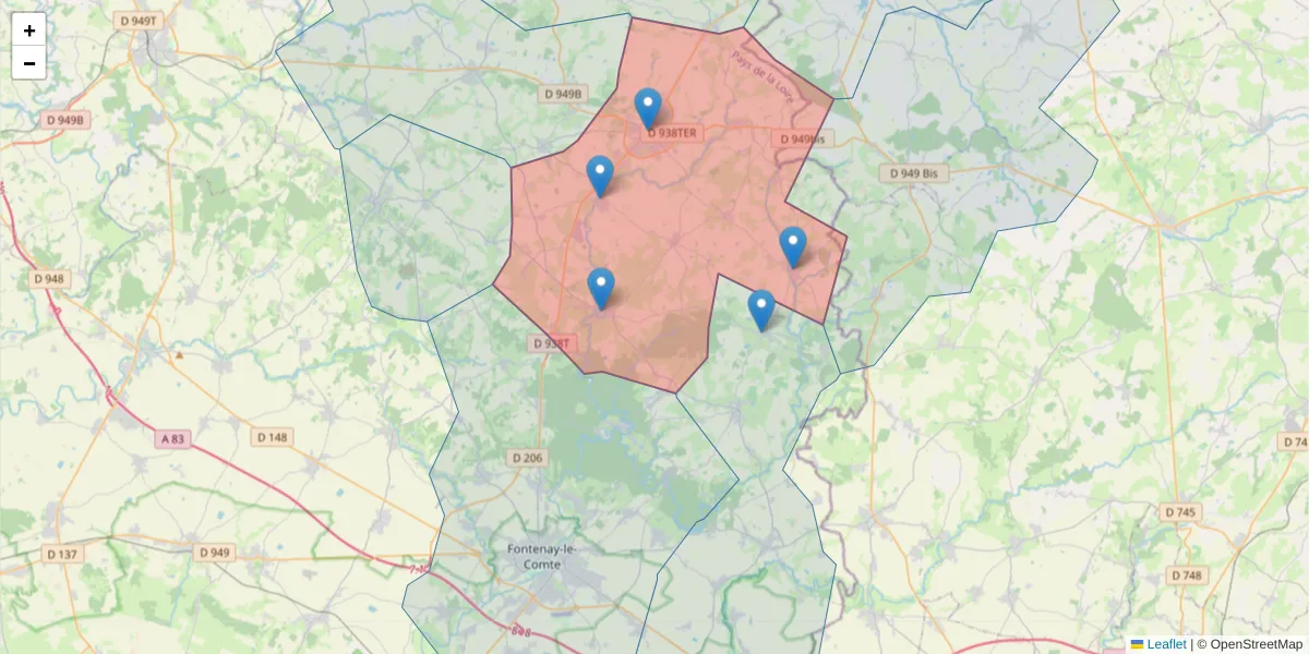 Carte de la zone du code postal  et des codes postaux voisins en France
