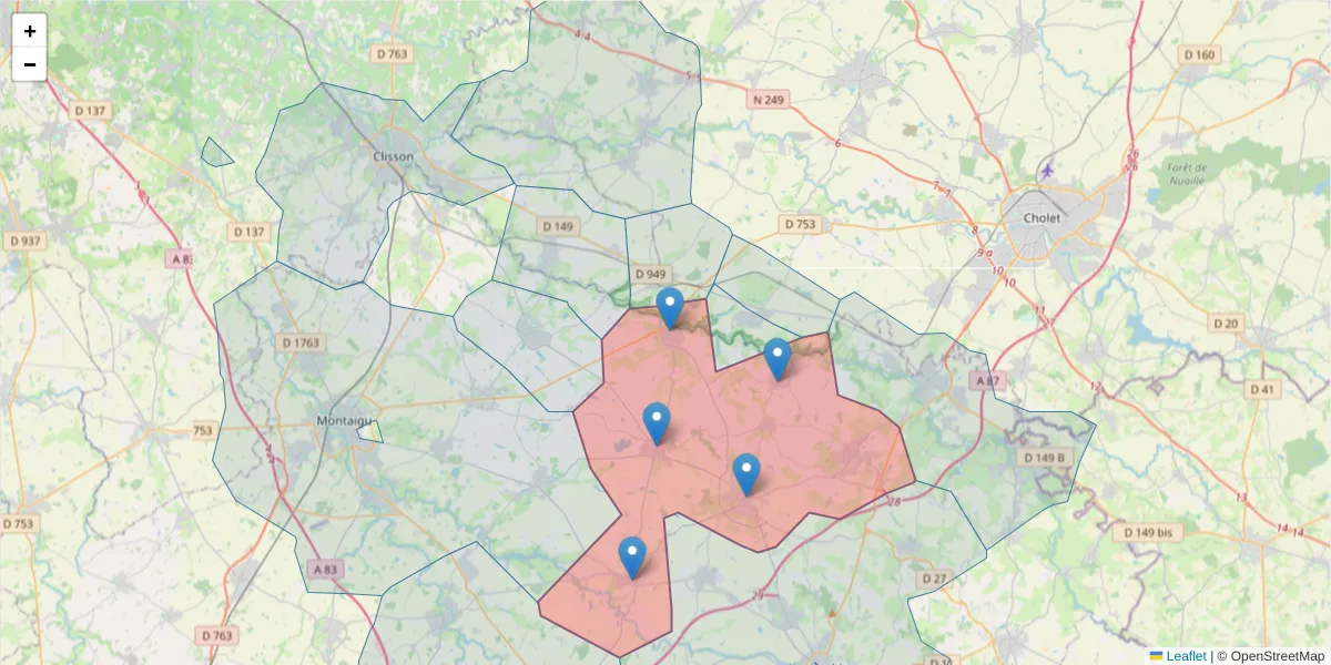 Carte de la zone du code postal  et des codes postaux voisins en France