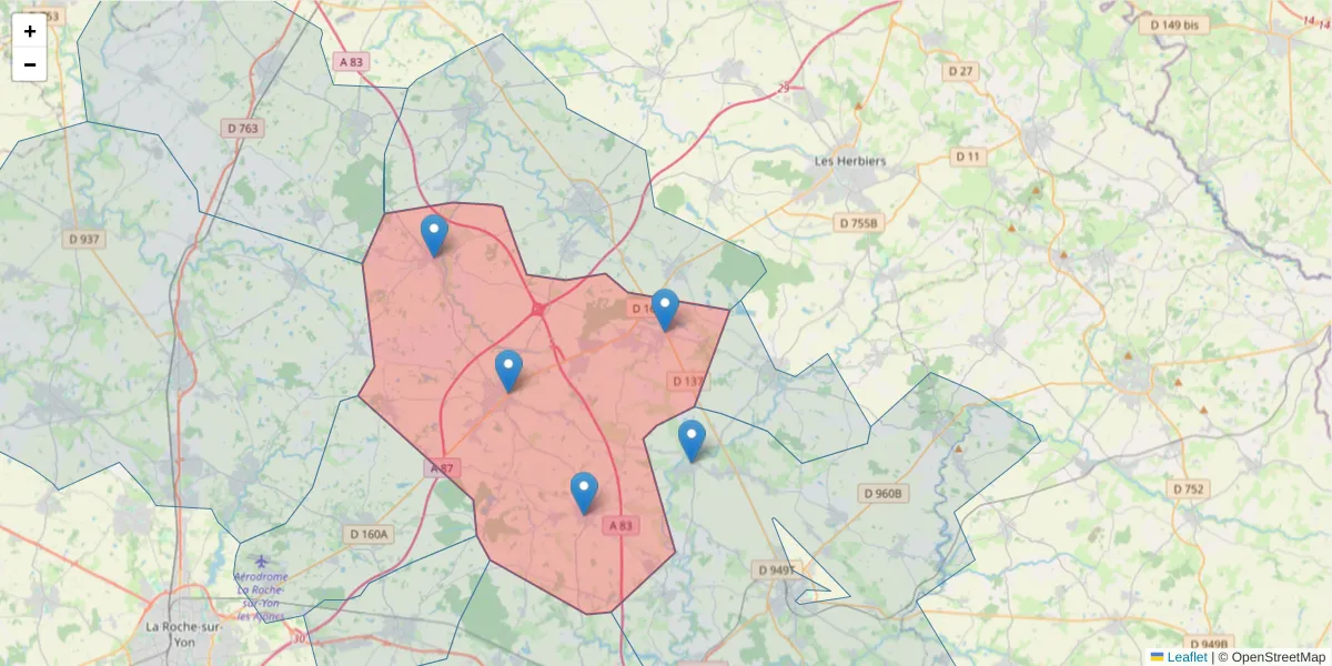Carte de la zone du code postal  et des codes postaux voisins en France