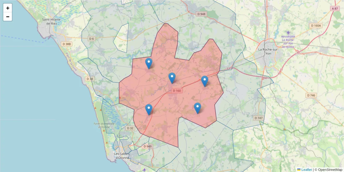Carte de la zone du code postal  et des codes postaux voisins en France