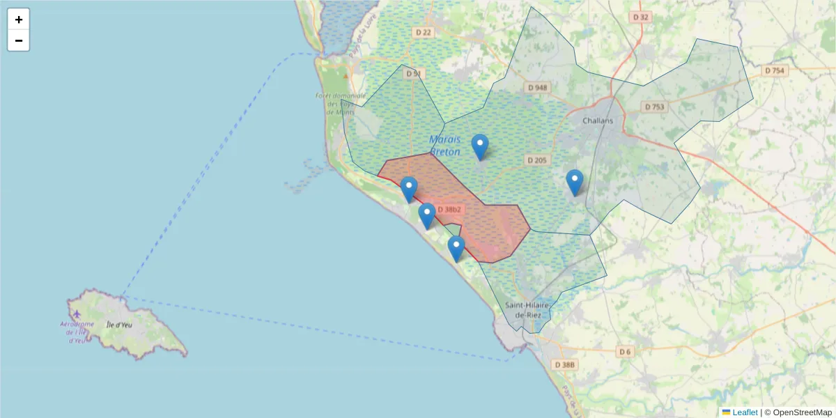 Carte de la zone du code postal  et des codes postaux voisins en France