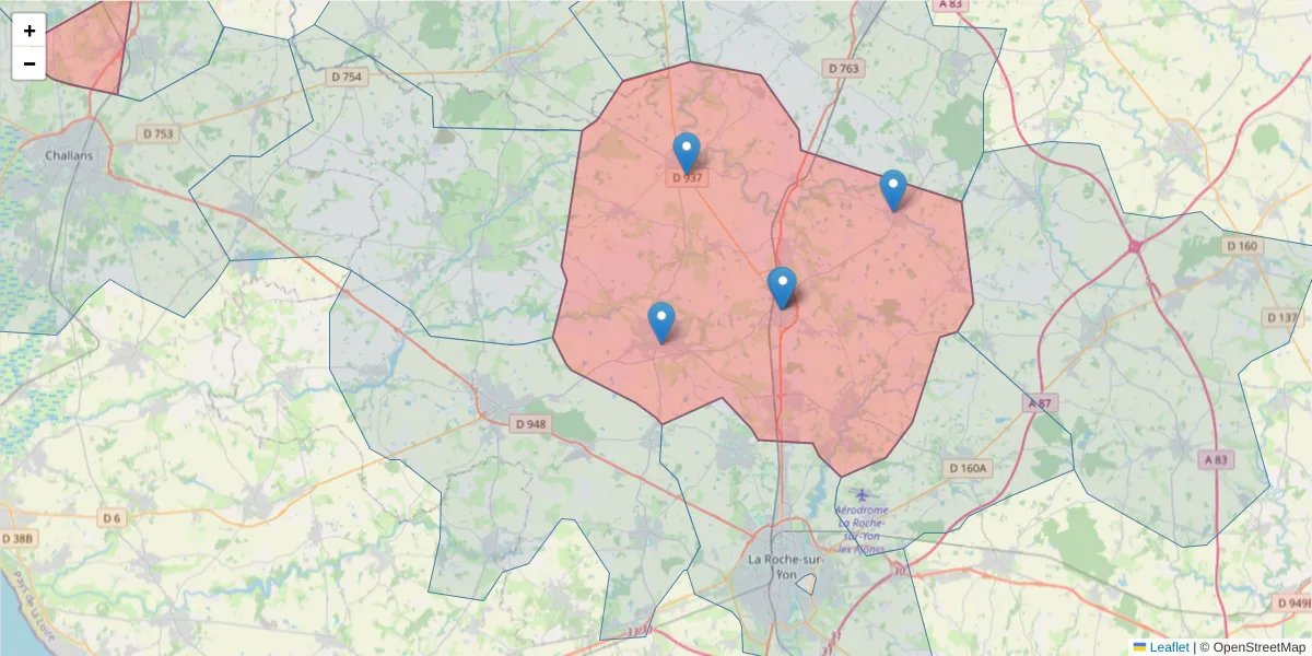 Carte de la zone du code postal  et des codes postaux voisins en France
