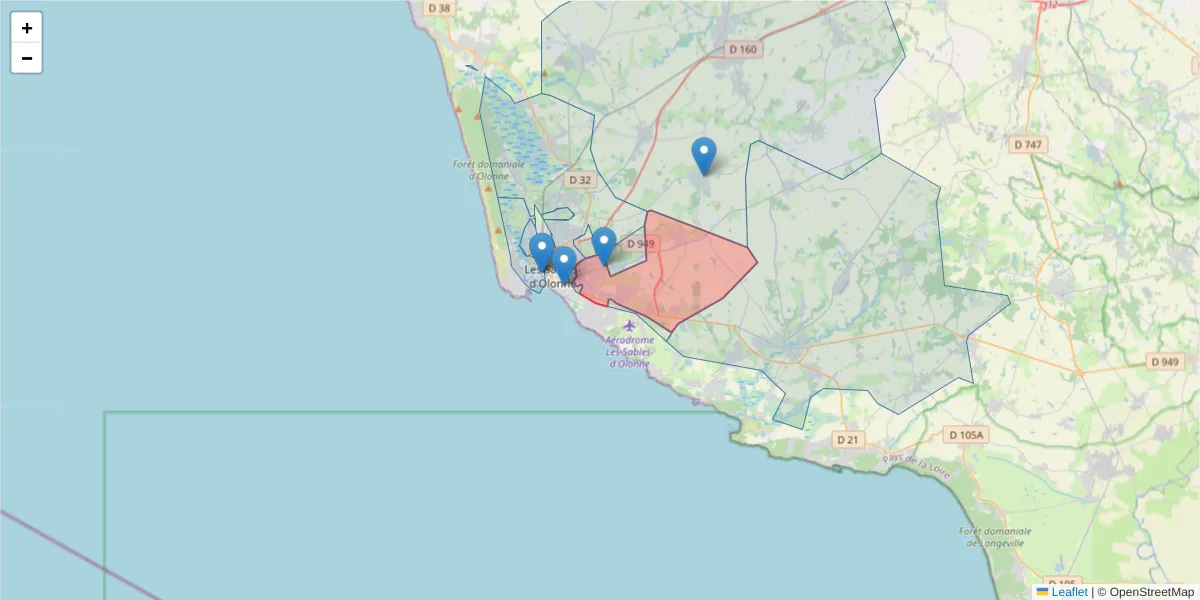 Carte de la zone du code postal  et des codes postaux voisins en France
