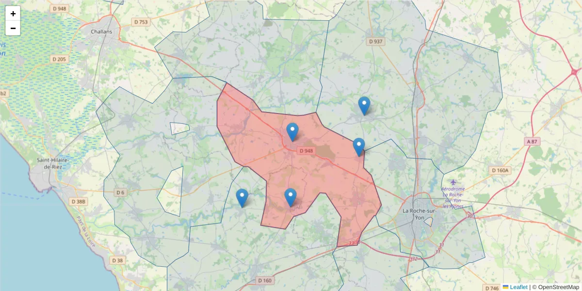 Carte de la zone du code postal  et des codes postaux voisins en France