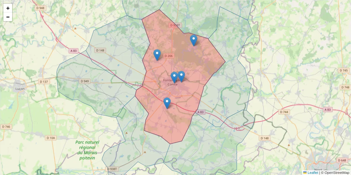 Carte de la zone du code postal  et des codes postaux voisins en France