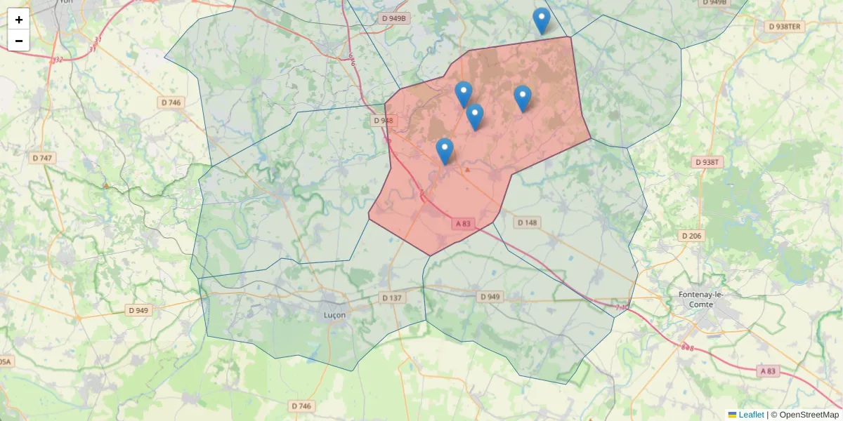 Carte de la zone du code postal  et des codes postaux voisins en France