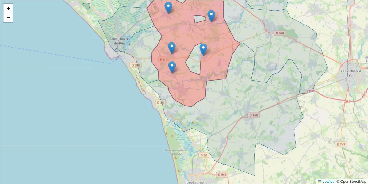 Carte de la zone du code postal  et des codes postaux voisins en France