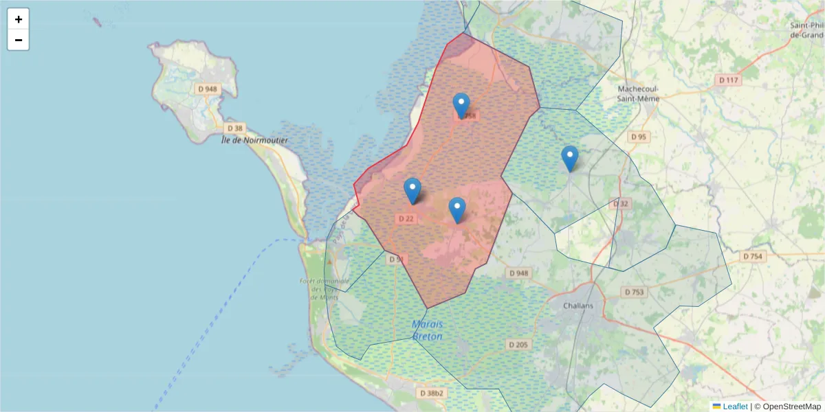 Carte de la zone du code postal  et des codes postaux voisins en France