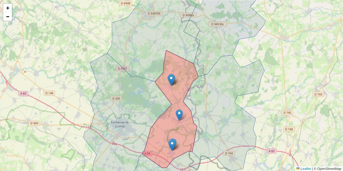 Carte de la zone du code postal  et des codes postaux voisins en France