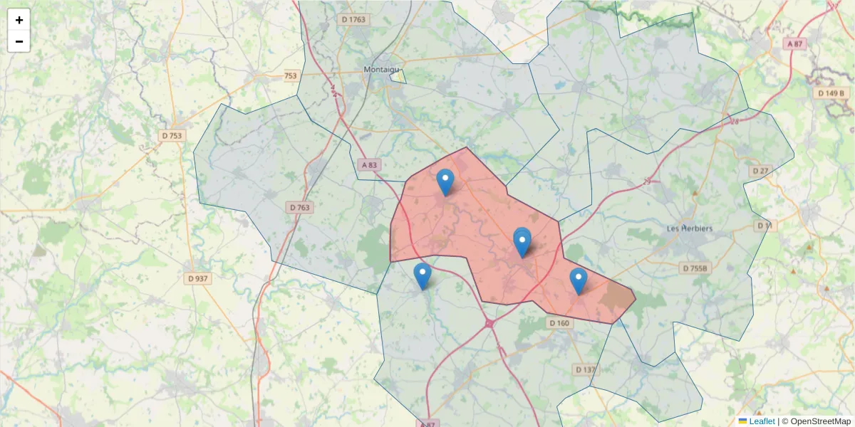 Carte de la zone du code postal  et des codes postaux voisins en France