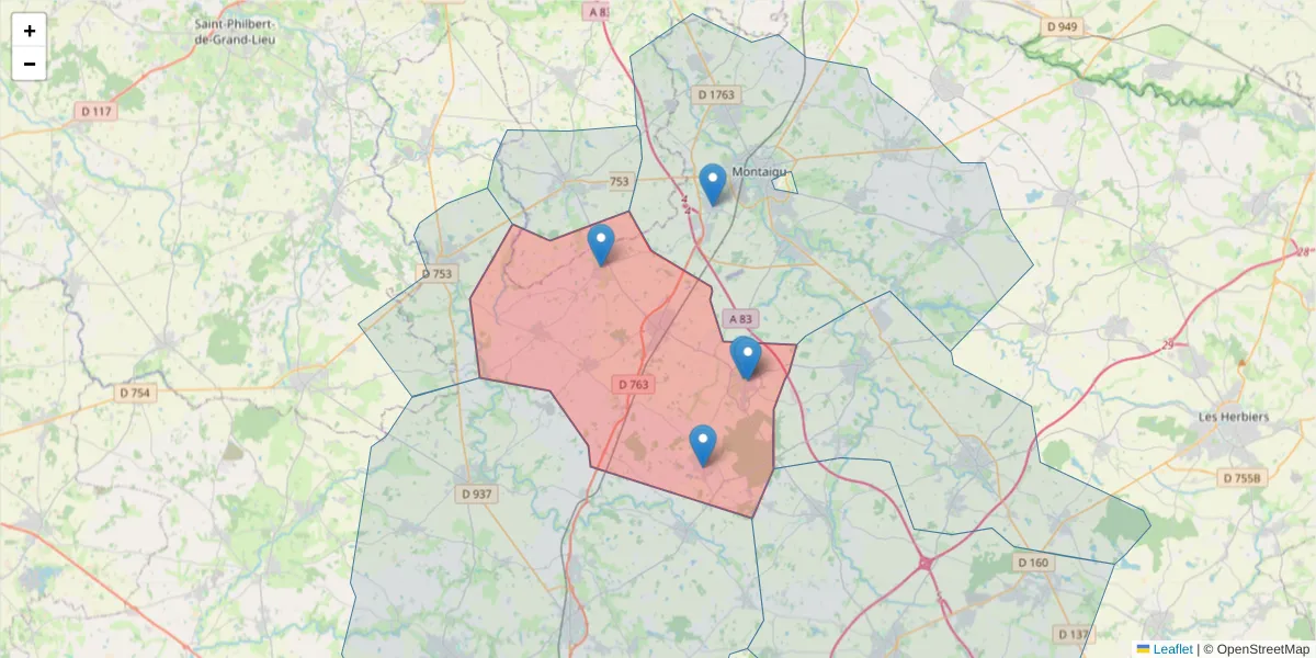 Carte de la zone du code postal  et des codes postaux voisins en France