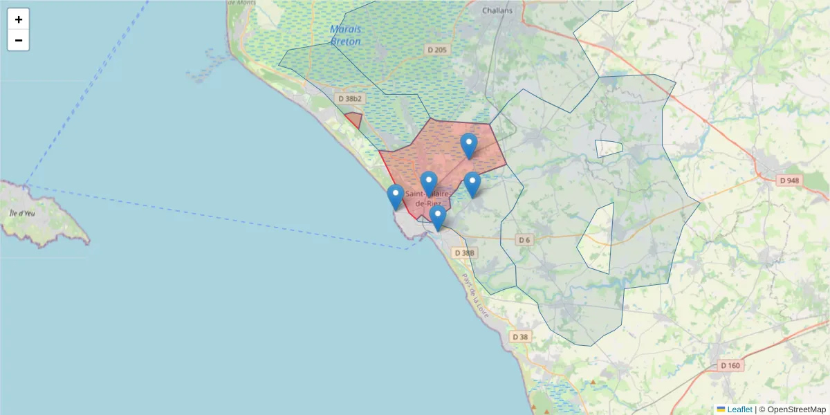 Carte de la zone du code postal  et des codes postaux voisins en France