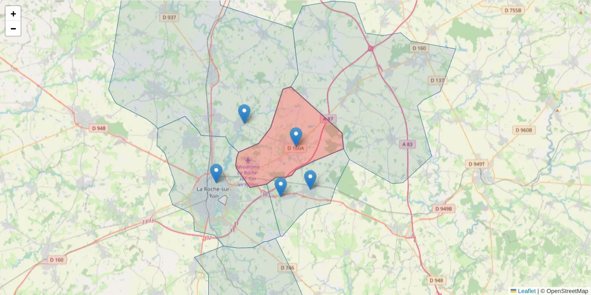 Carte de la zone du code postal  et des codes postaux voisins en France