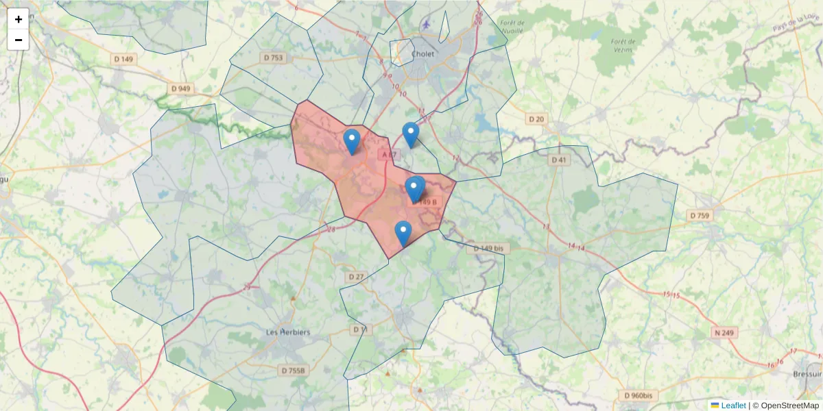Carte de la zone du code postal  et des codes postaux voisins en France