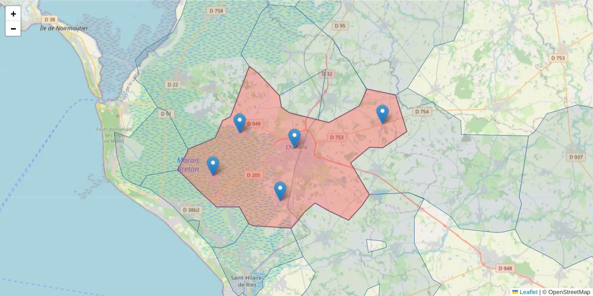 Carte de la zone du code postal  et des codes postaux voisins en France
