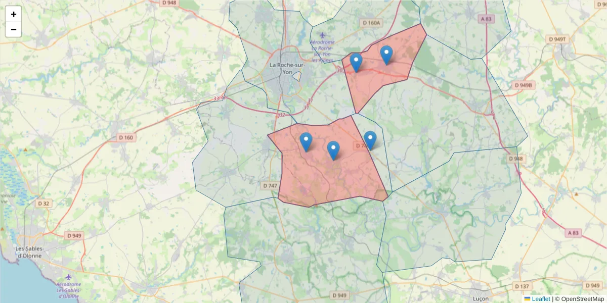 Carte de la zone du code postal  et des codes postaux voisins en France
