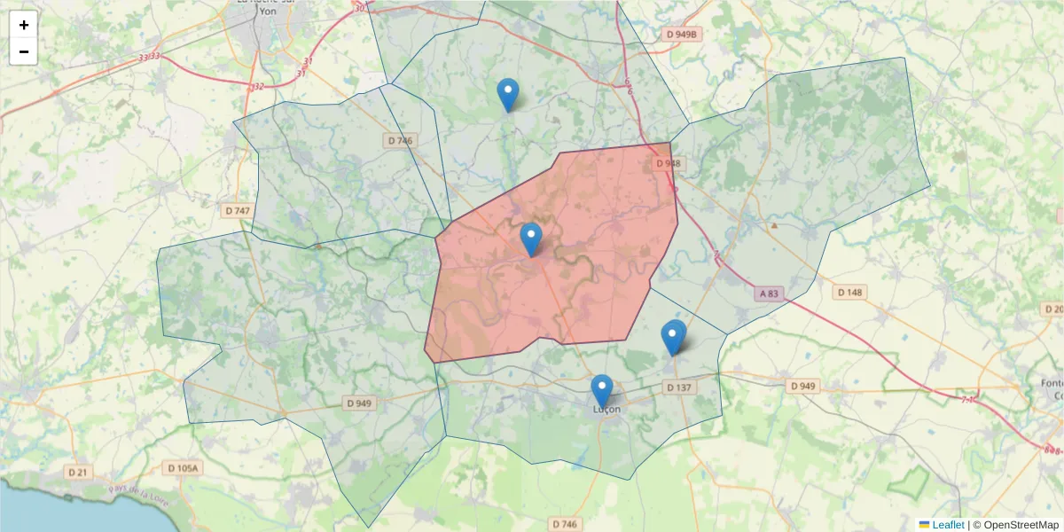 Carte de la zone du code postal  et des codes postaux voisins en France