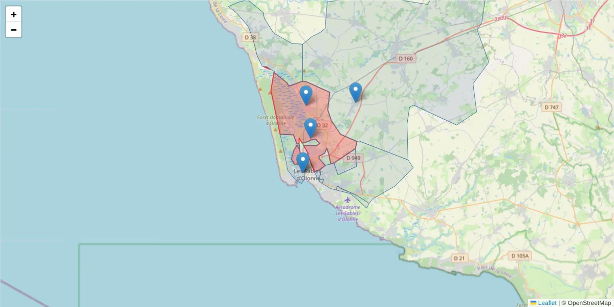 Carte de la zone du code postal  et des codes postaux voisins en France