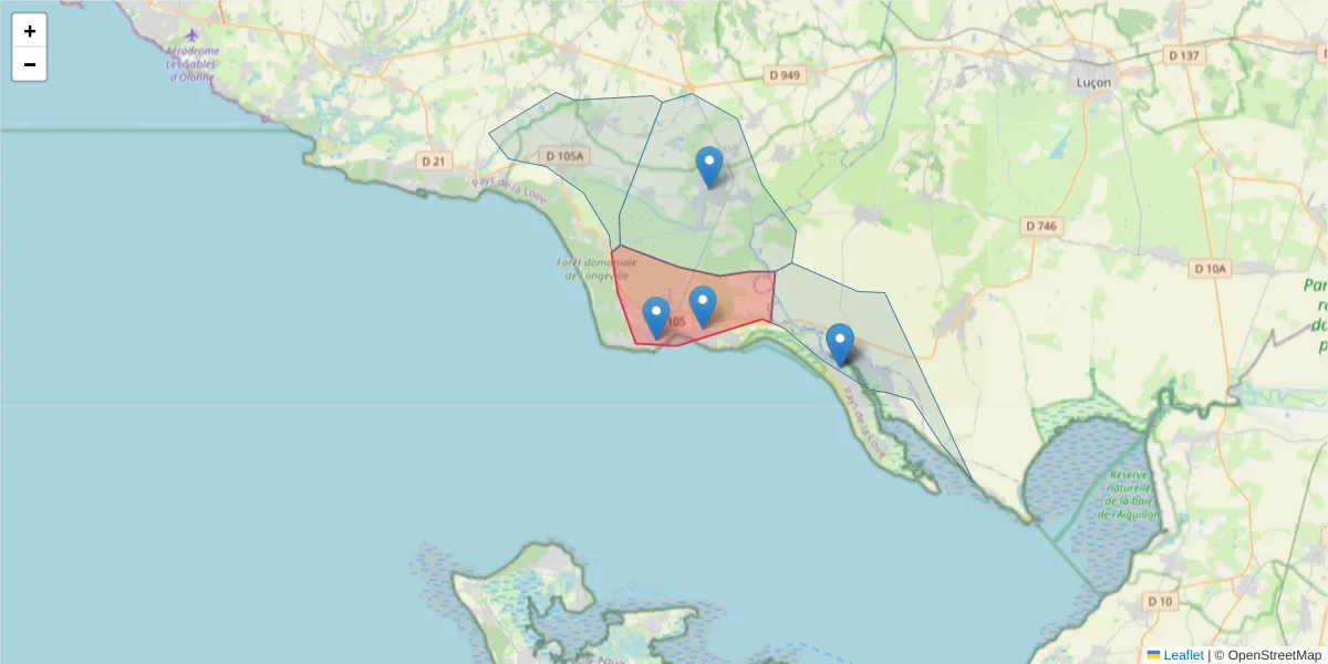 Carte de la zone du code postal  et des codes postaux voisins en France