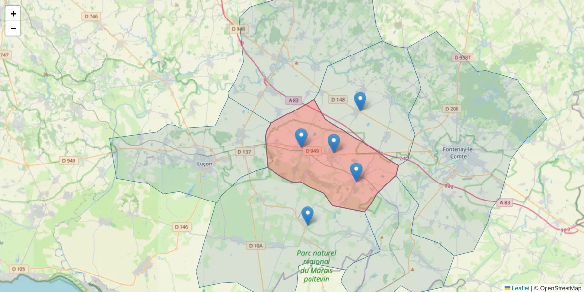 Carte de la zone du code postal  et des codes postaux voisins en France