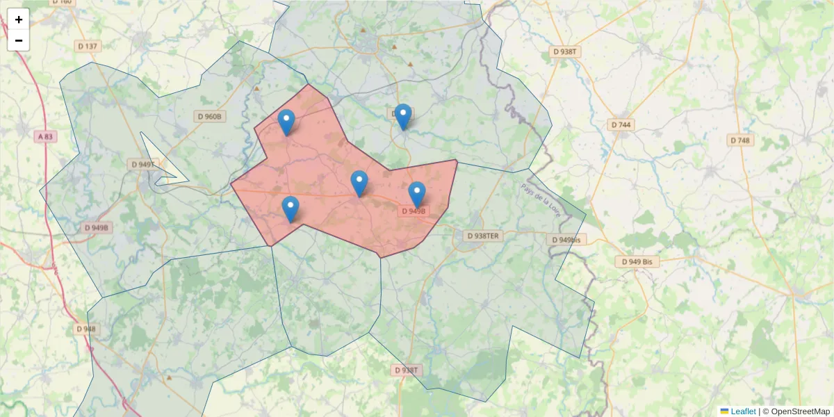 Carte de la zone du code postal  et des codes postaux voisins en France