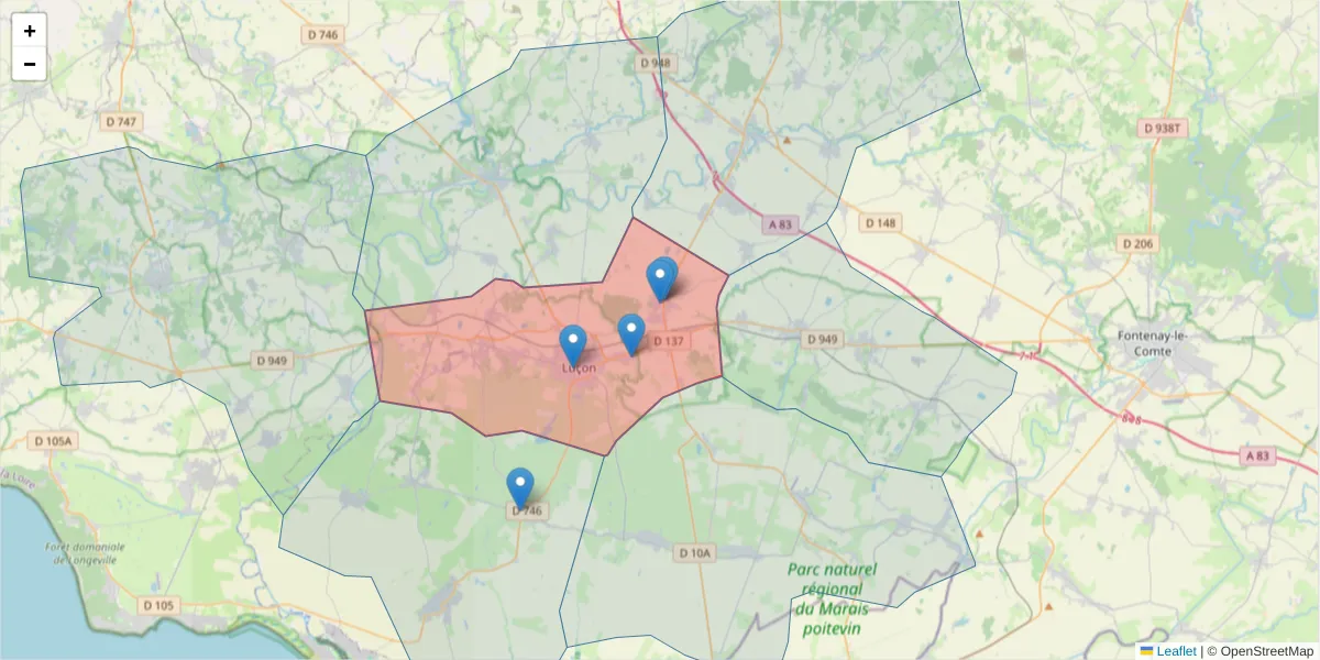Carte de la zone du code postal  et des codes postaux voisins en France