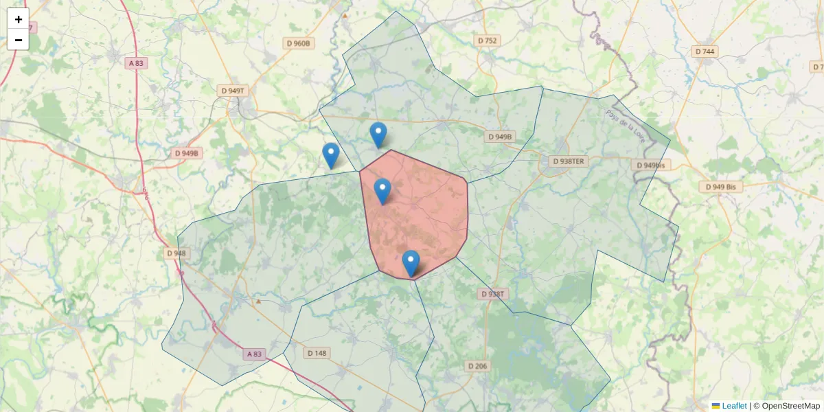 Carte de la zone du code postal  et des codes postaux voisins en France