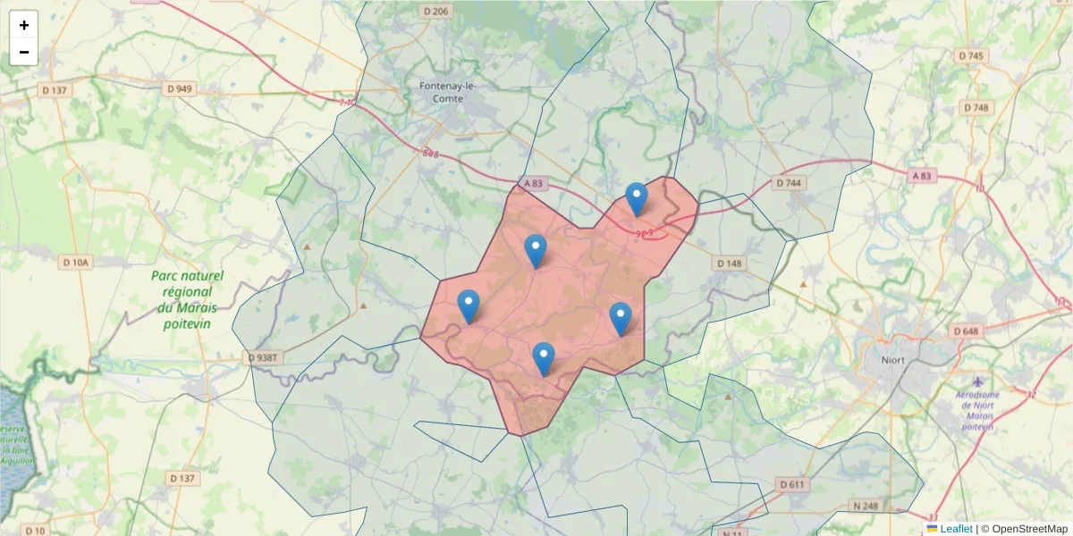Carte de la zone du code postal  et des codes postaux voisins en France