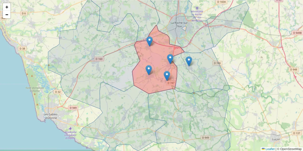 Carte de la zone du code postal  et des codes postaux voisins en France