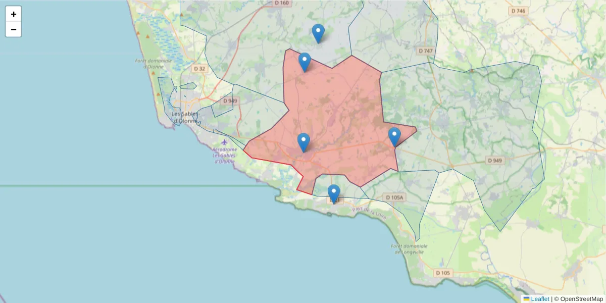 Carte de la zone du code postal  et des codes postaux voisins en France