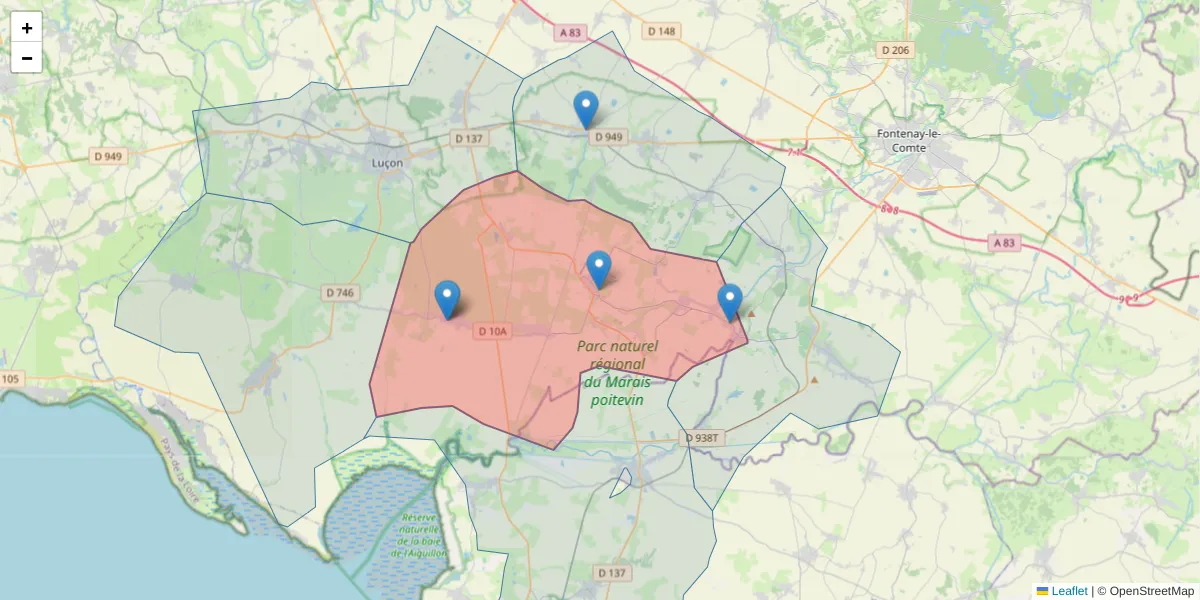 Carte de la zone du code postal  et des codes postaux voisins en France