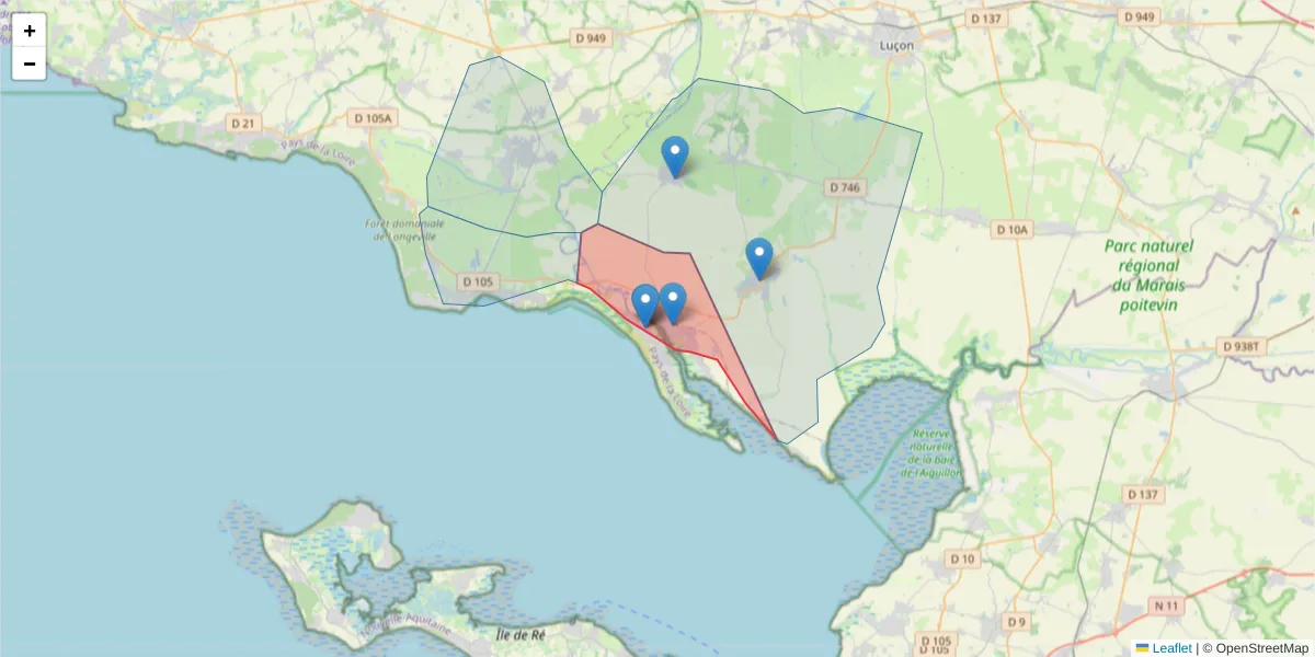 Carte de la zone du code postal  et des codes postaux voisins en France
