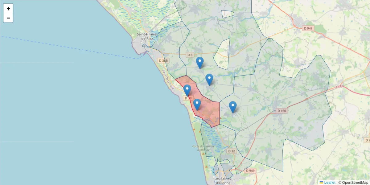 Carte de la zone du code postal  et des codes postaux voisins en France