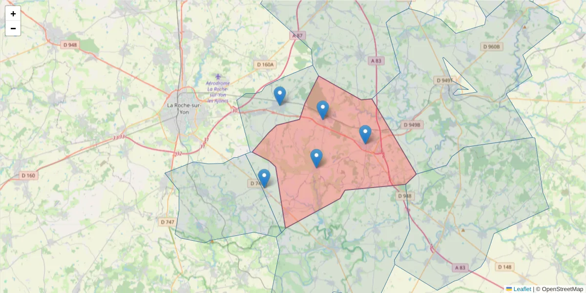 Carte de la zone du code postal  et des codes postaux voisins en France