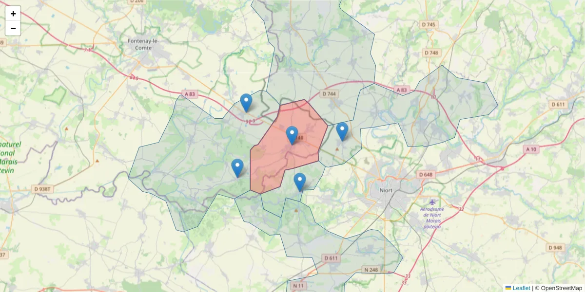 Carte de la zone du code postal  et des codes postaux voisins en France