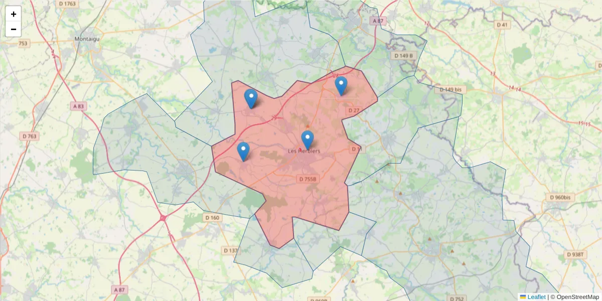 Carte de la zone du code postal  et des codes postaux voisins en France