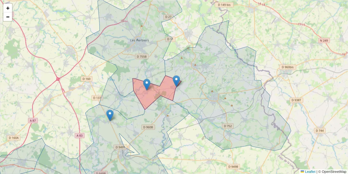 Carte de la zone du code postal  et des codes postaux voisins en France