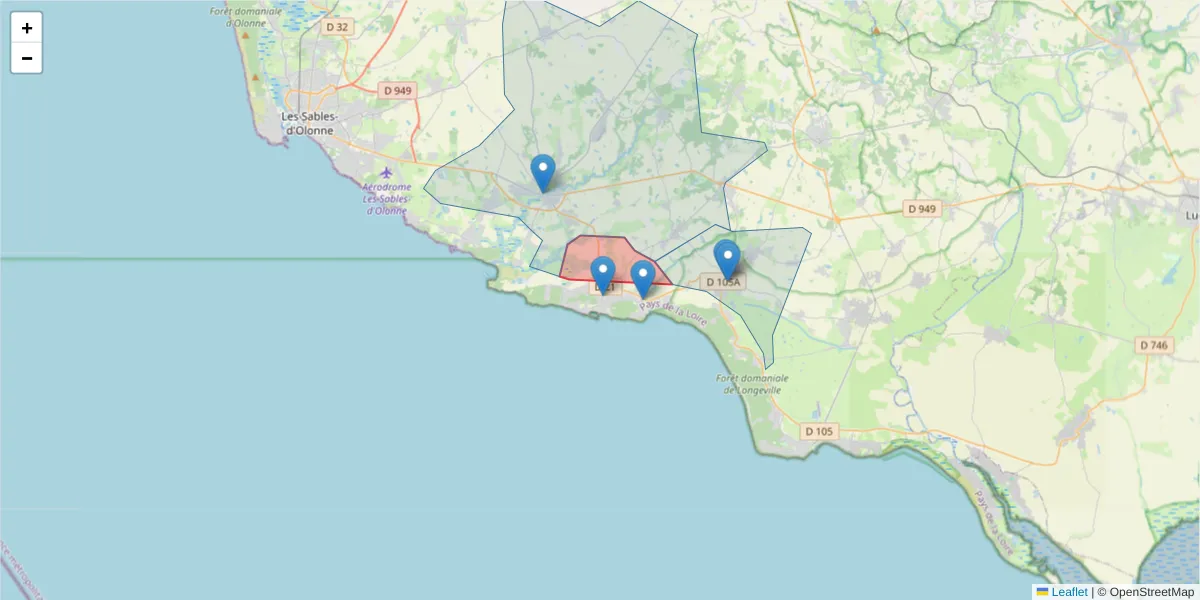 Carte de la zone du code postal  et des codes postaux voisins en France