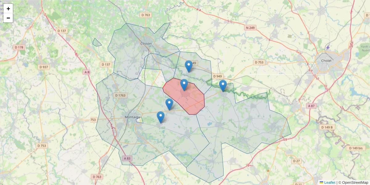 Carte de la zone du code postal  et des codes postaux voisins en France