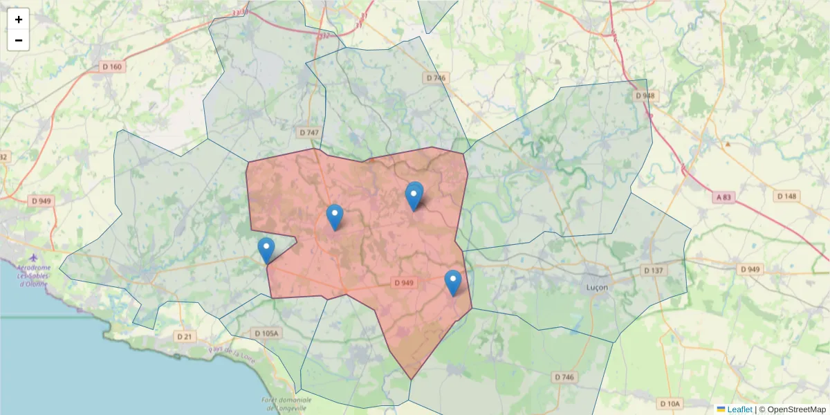 Carte de la zone du code postal  et des codes postaux voisins en France