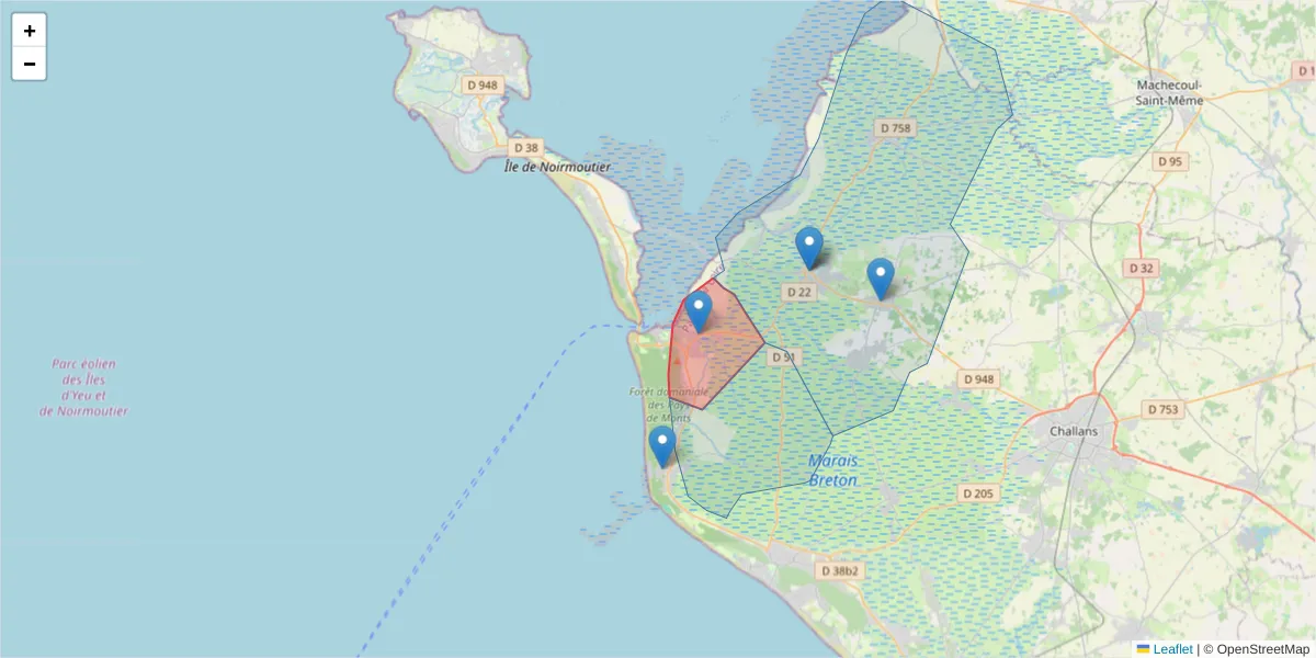 Carte de la zone du code postal  et des codes postaux voisins en France