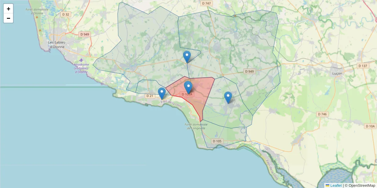 Carte de la zone du code postal  et des codes postaux voisins en France